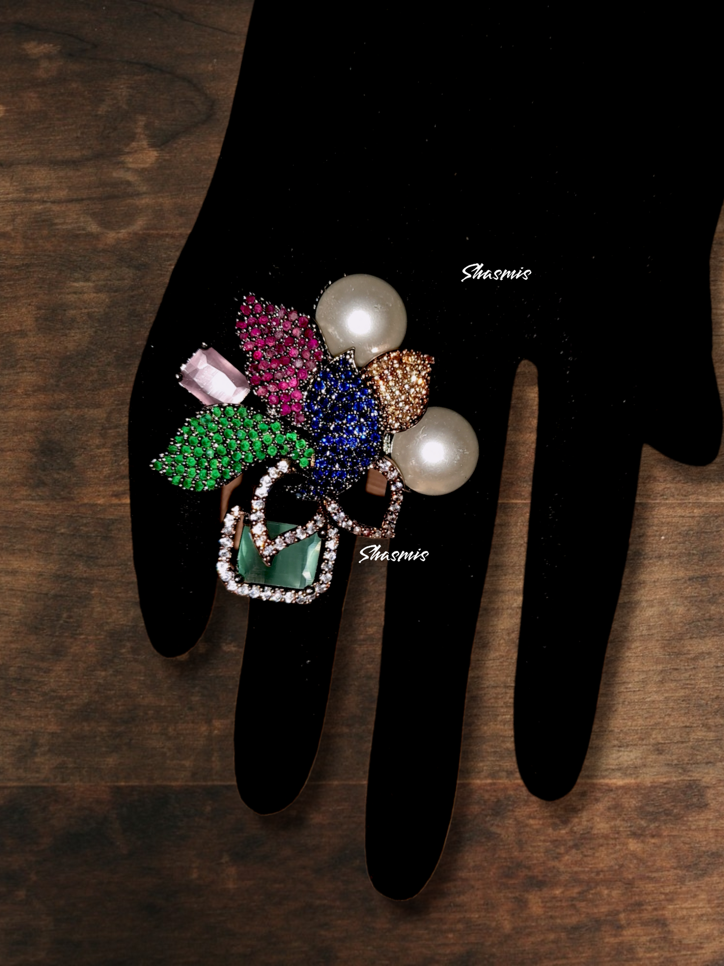 Pearls With Flower Design American Diamond Ring