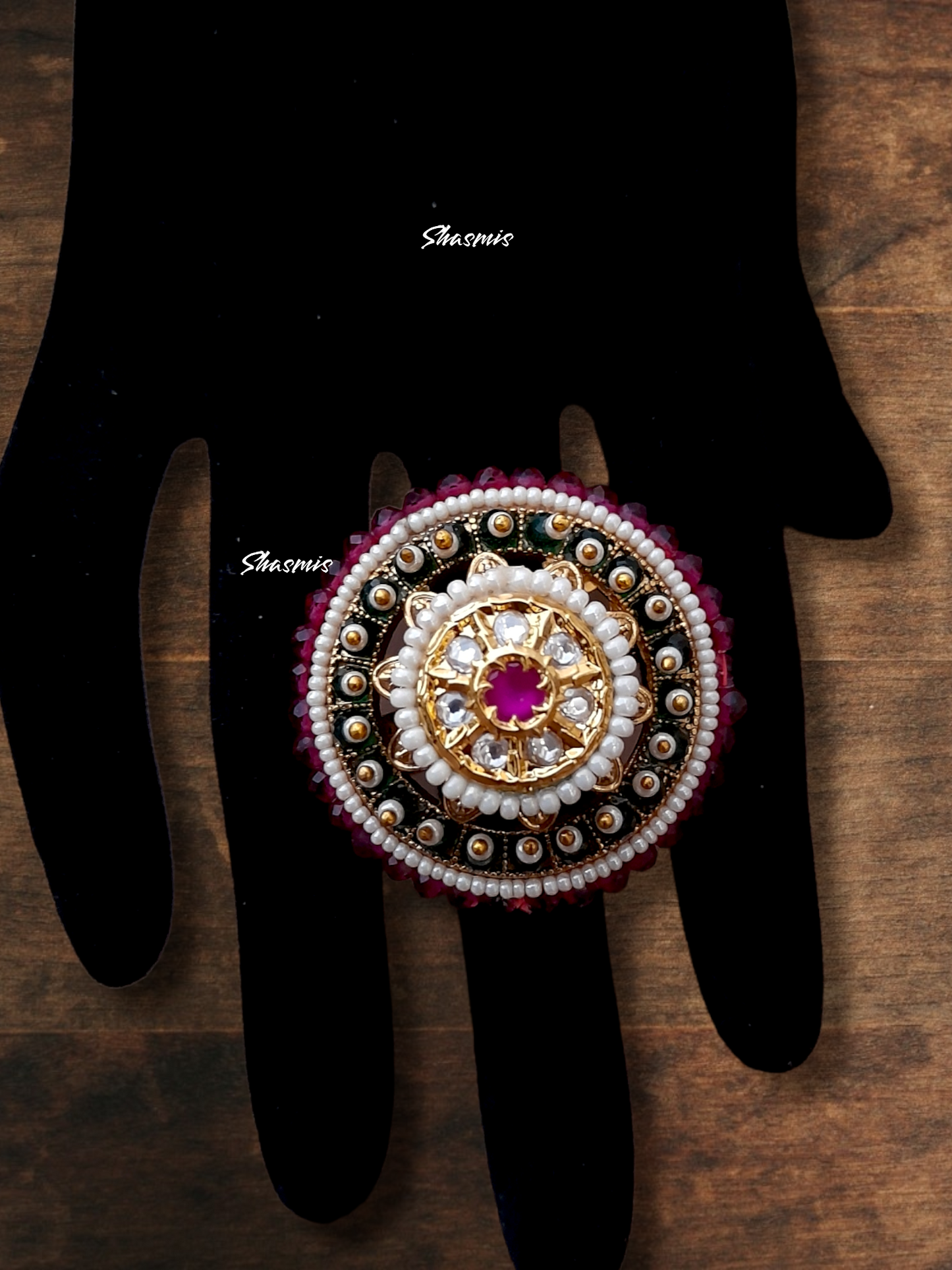Magenta and Green Color Beads Kundan Design Wide Ring