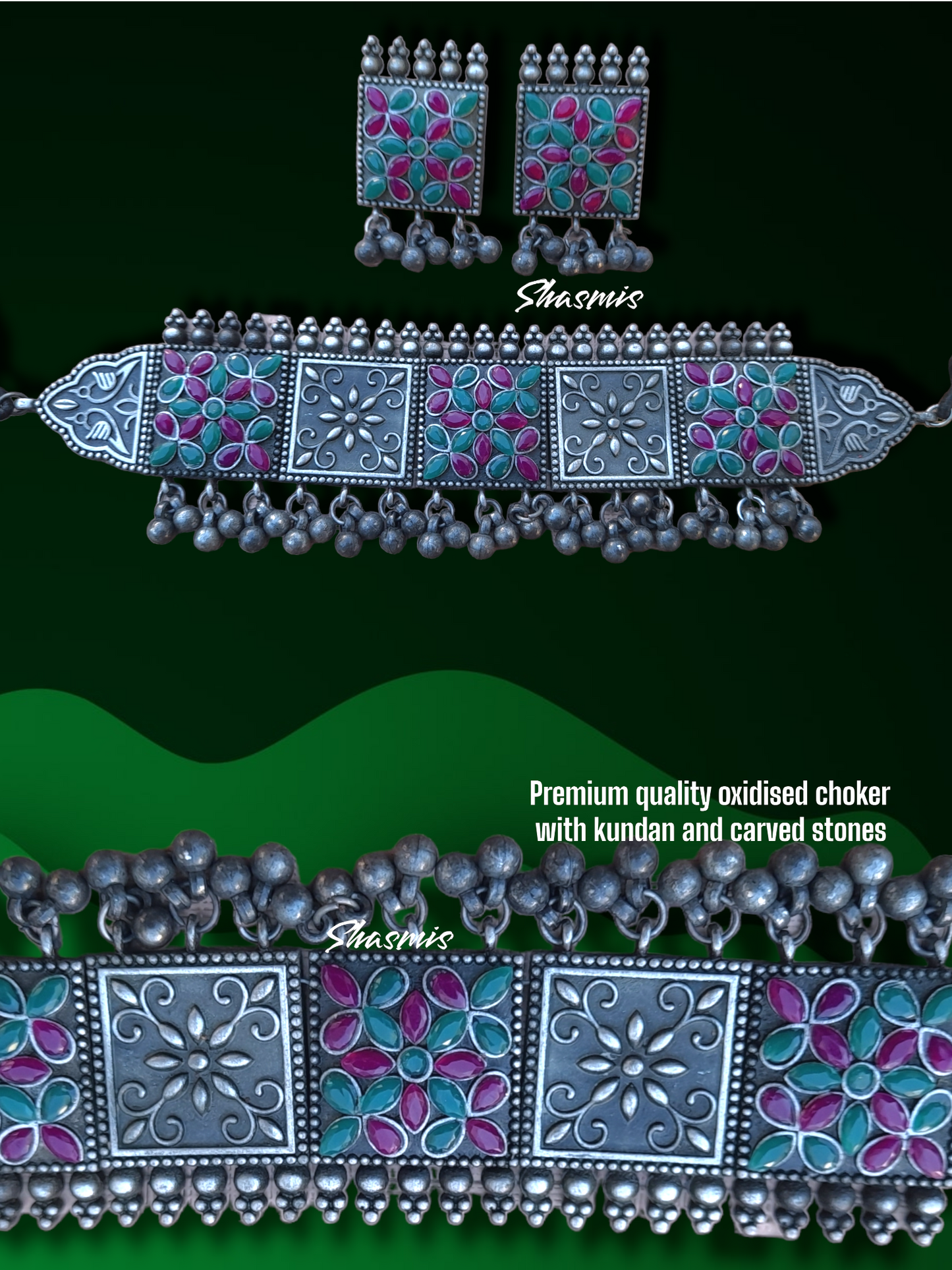 Green And Magenta Color Silver Oxidised Statement Necklace