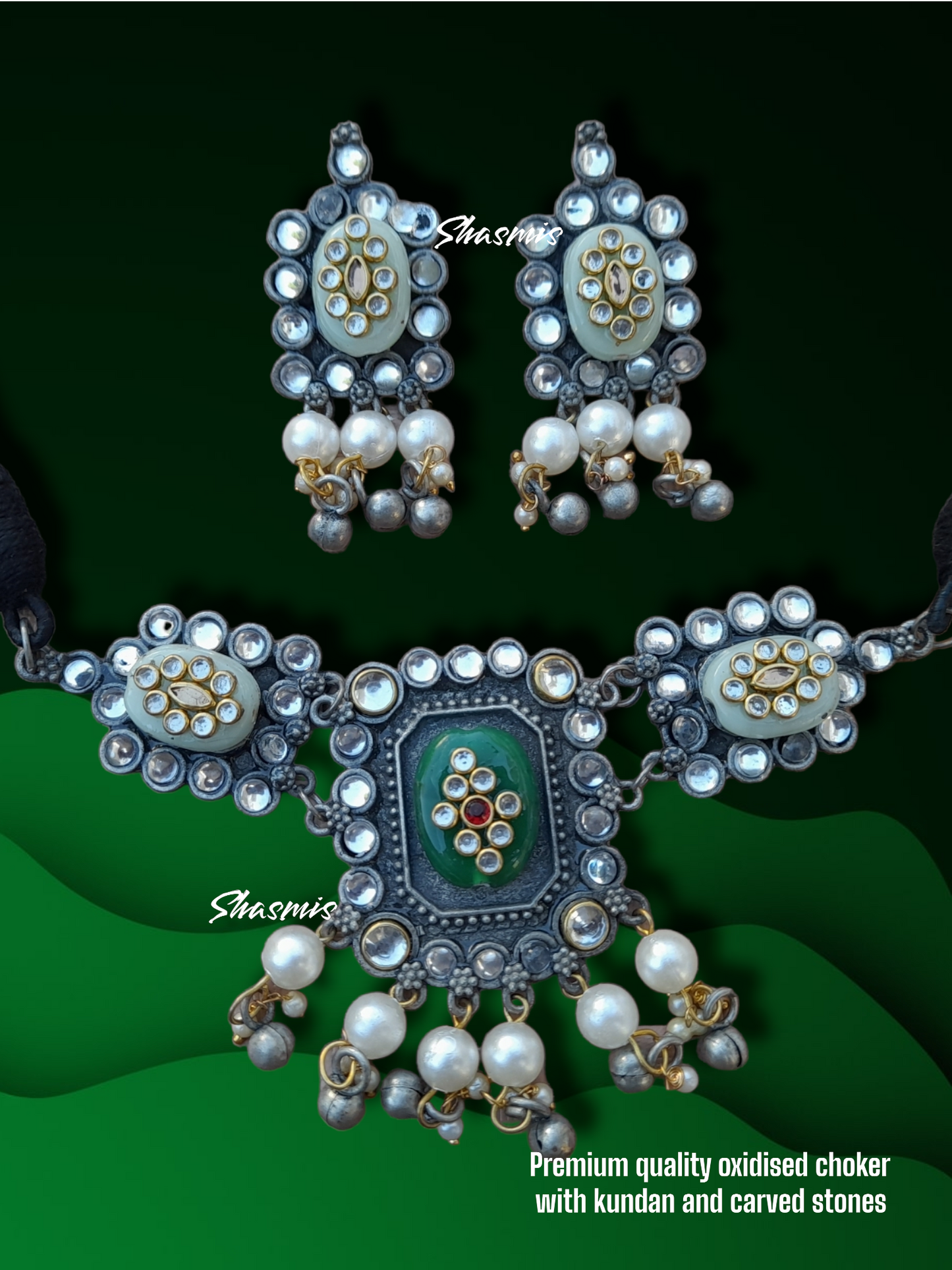 Green Shade German Silver Oxidised Choker Necklace