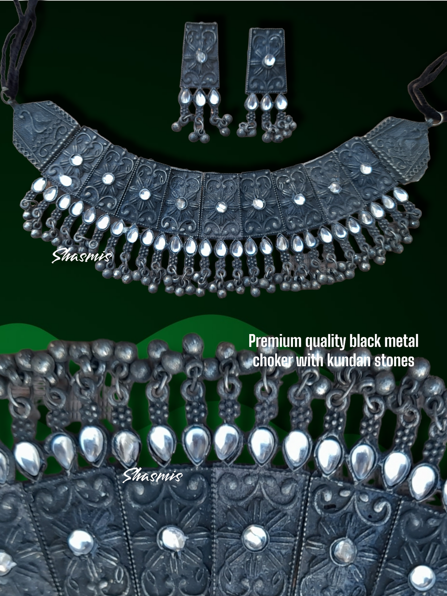 German Silver Oxidised Stone Necklace