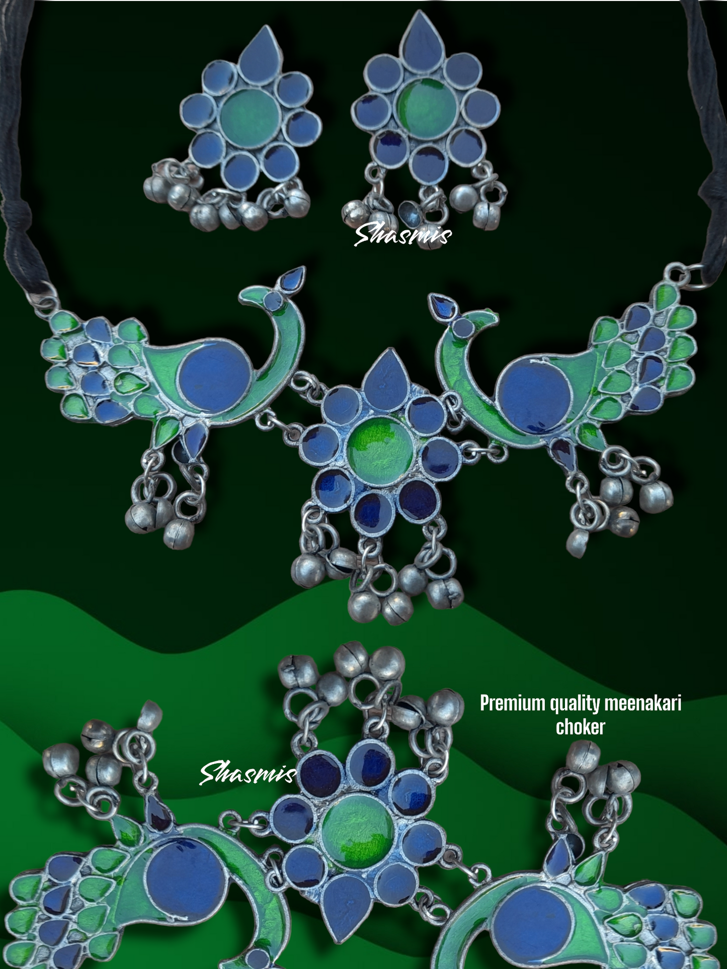 Green And Blue Color Peacock Silver Necklace