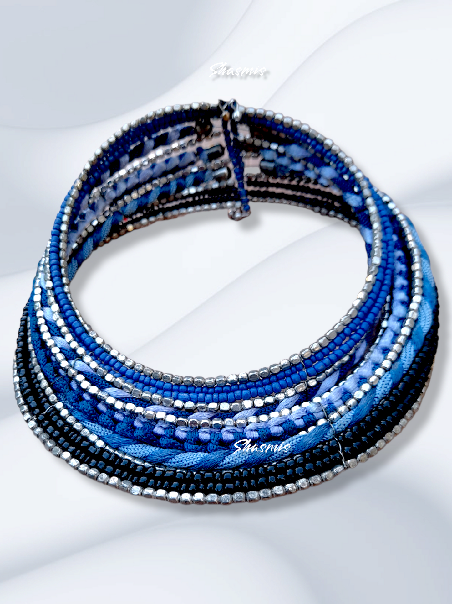 Blue Shaed Silver Beads Statemnet Choker Necklace