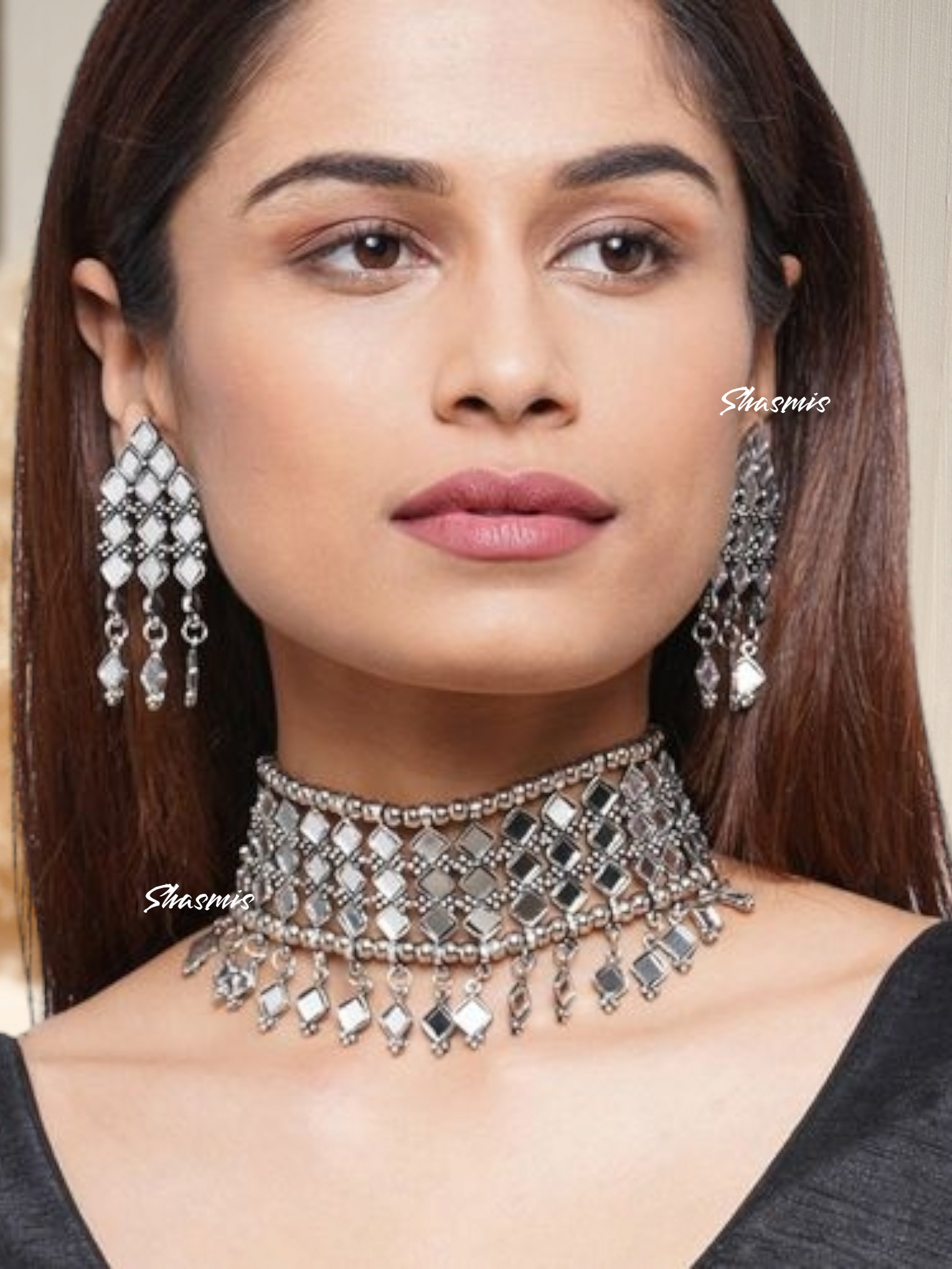 Mirror Drop Statement Necklace With Earrings