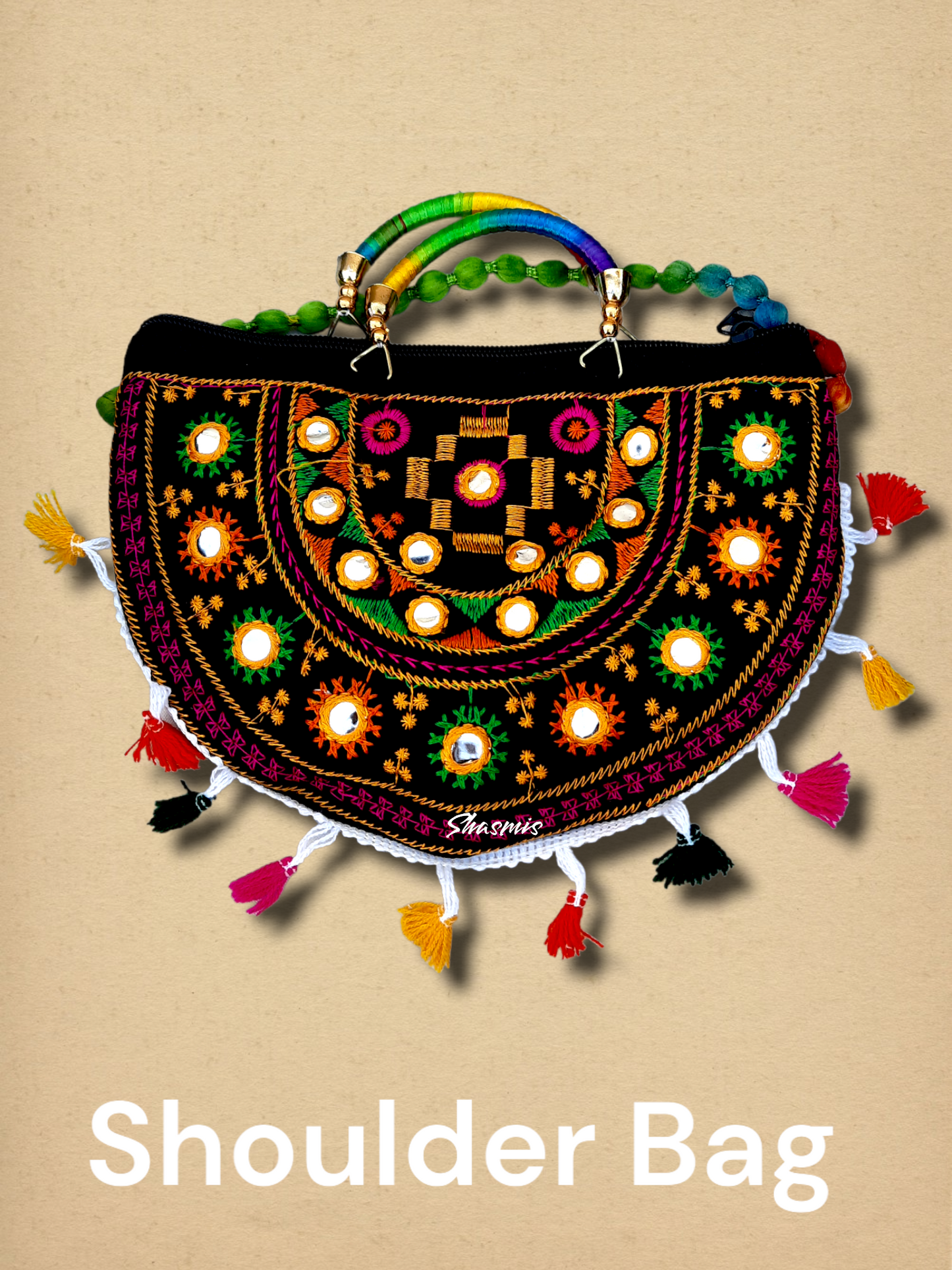 Black Color Shoulder Bag with Multi Color Embroidery Work