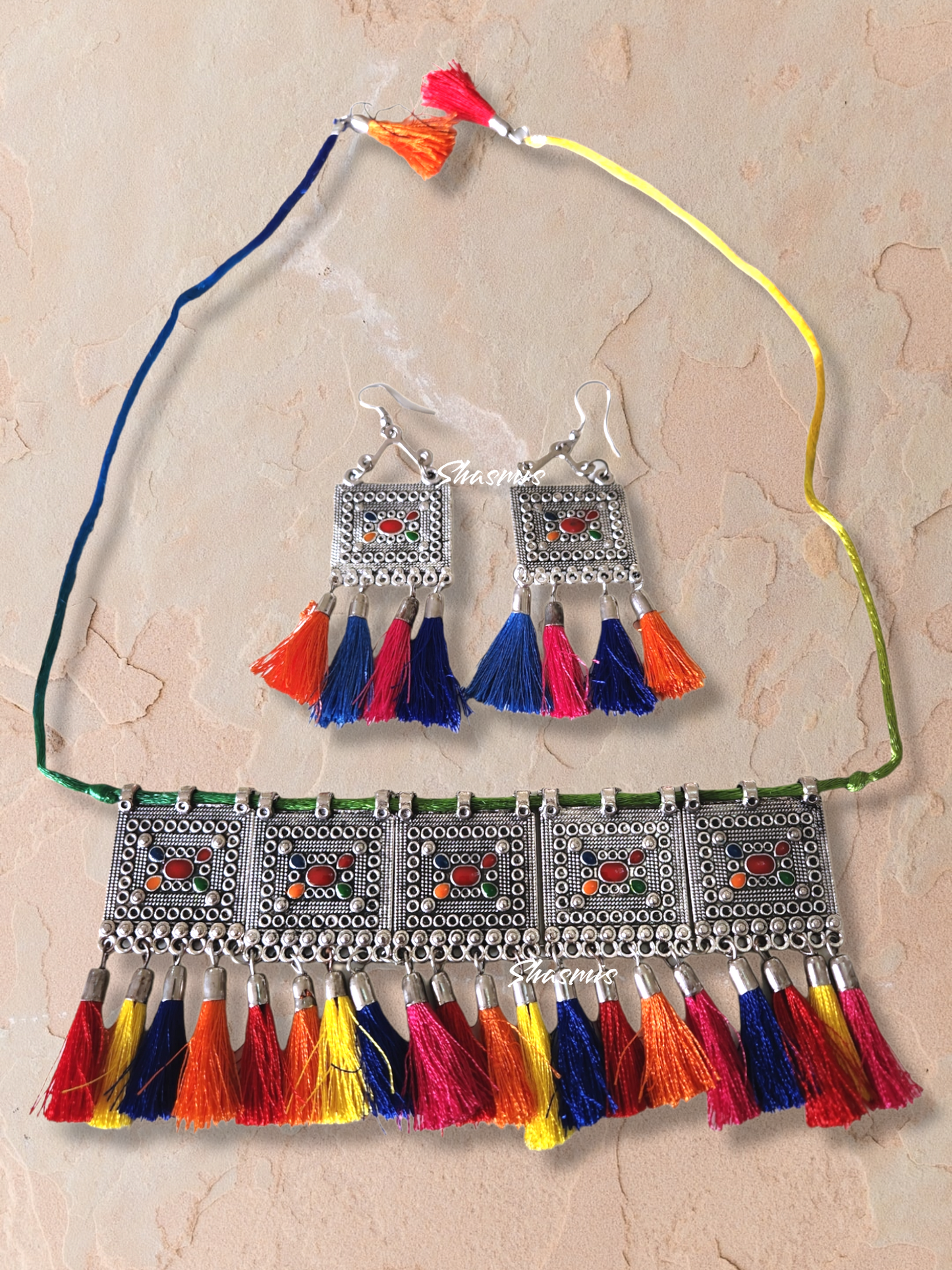 Silver Statement Tassel Necklace With Earrings