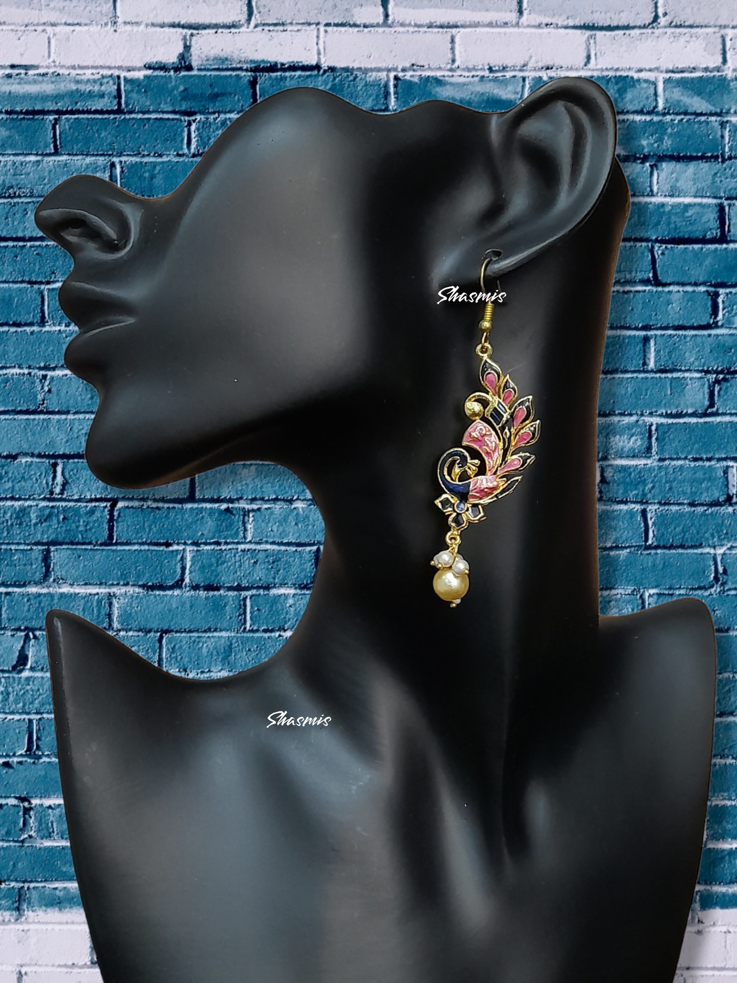 Pink Color Peacock Design Pearl On Drop Earrings