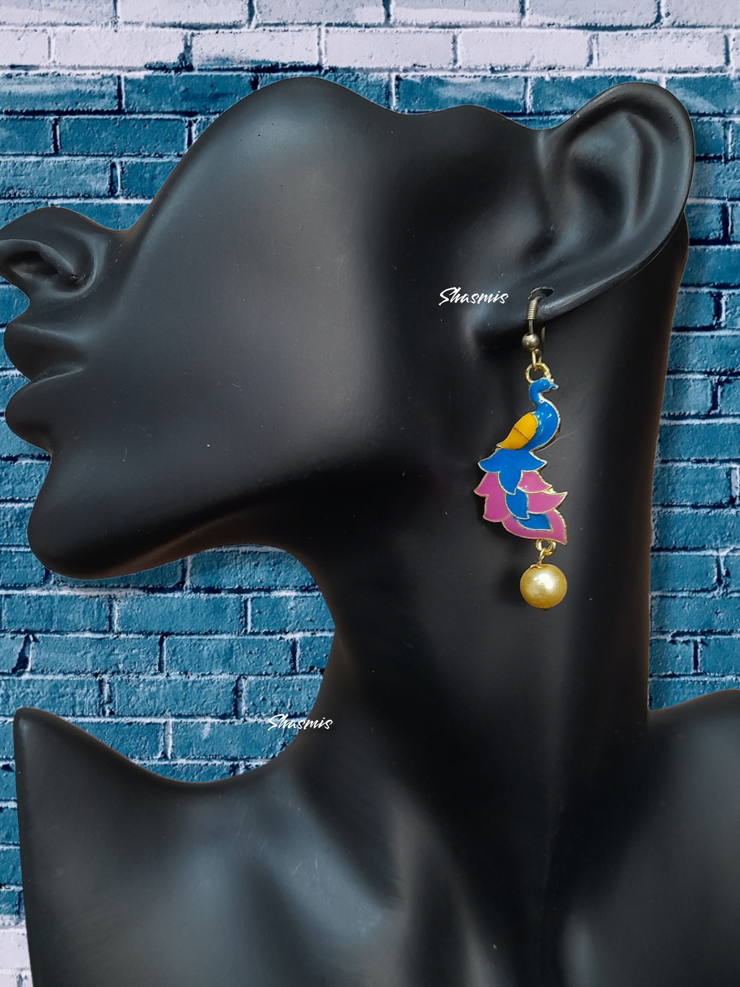 Blue Color Peacock Design Pearl On Drop Earrings