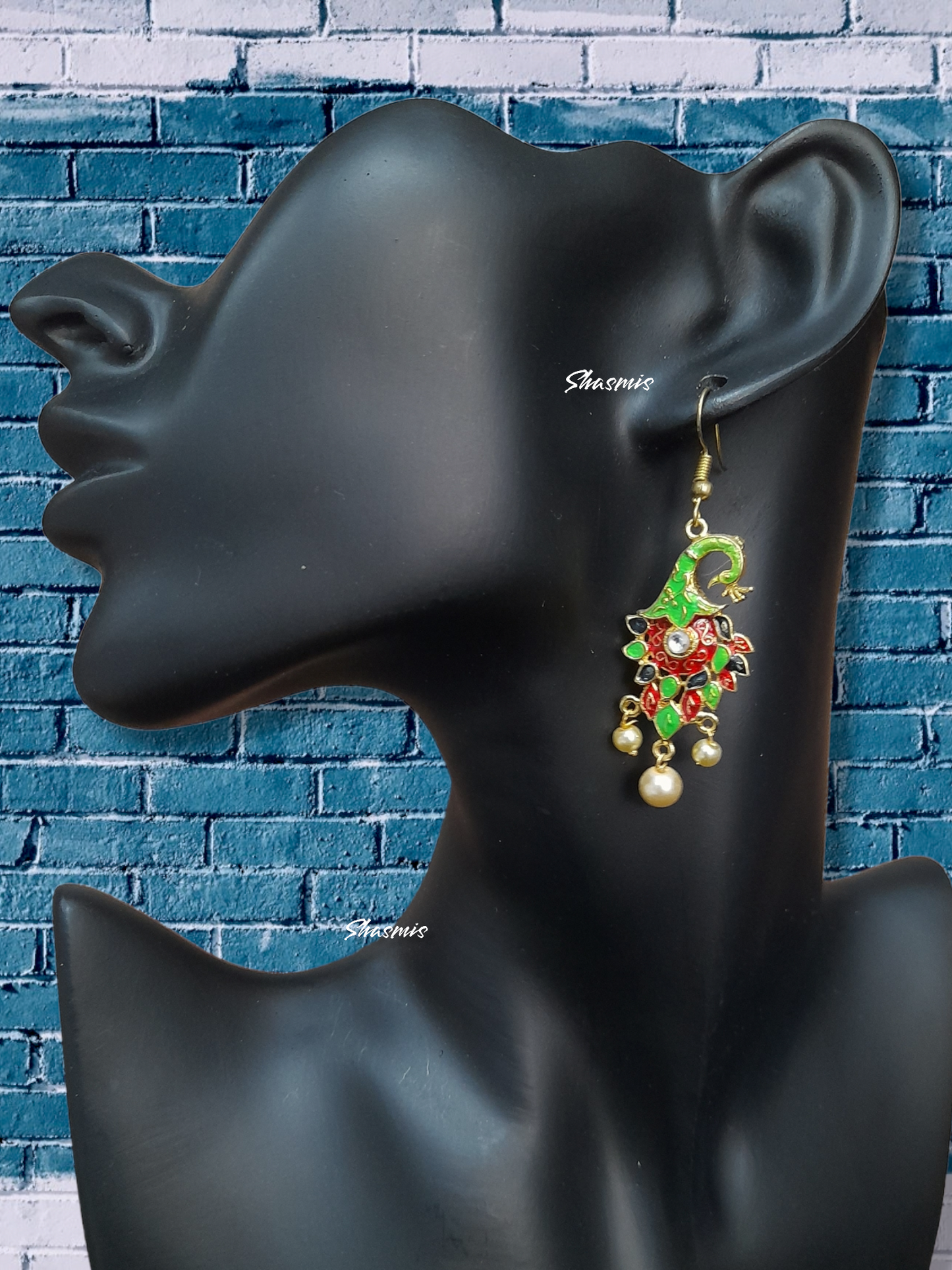 Green and Red Color Peacock Earrings