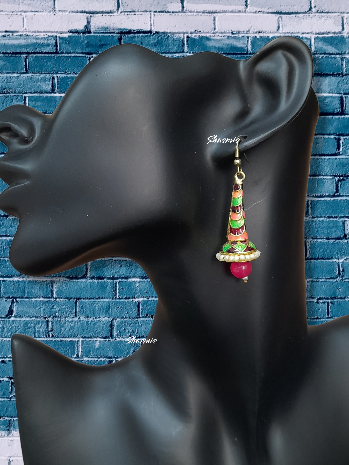 Green And Maroon Long Drop Pink Pearl Earrings