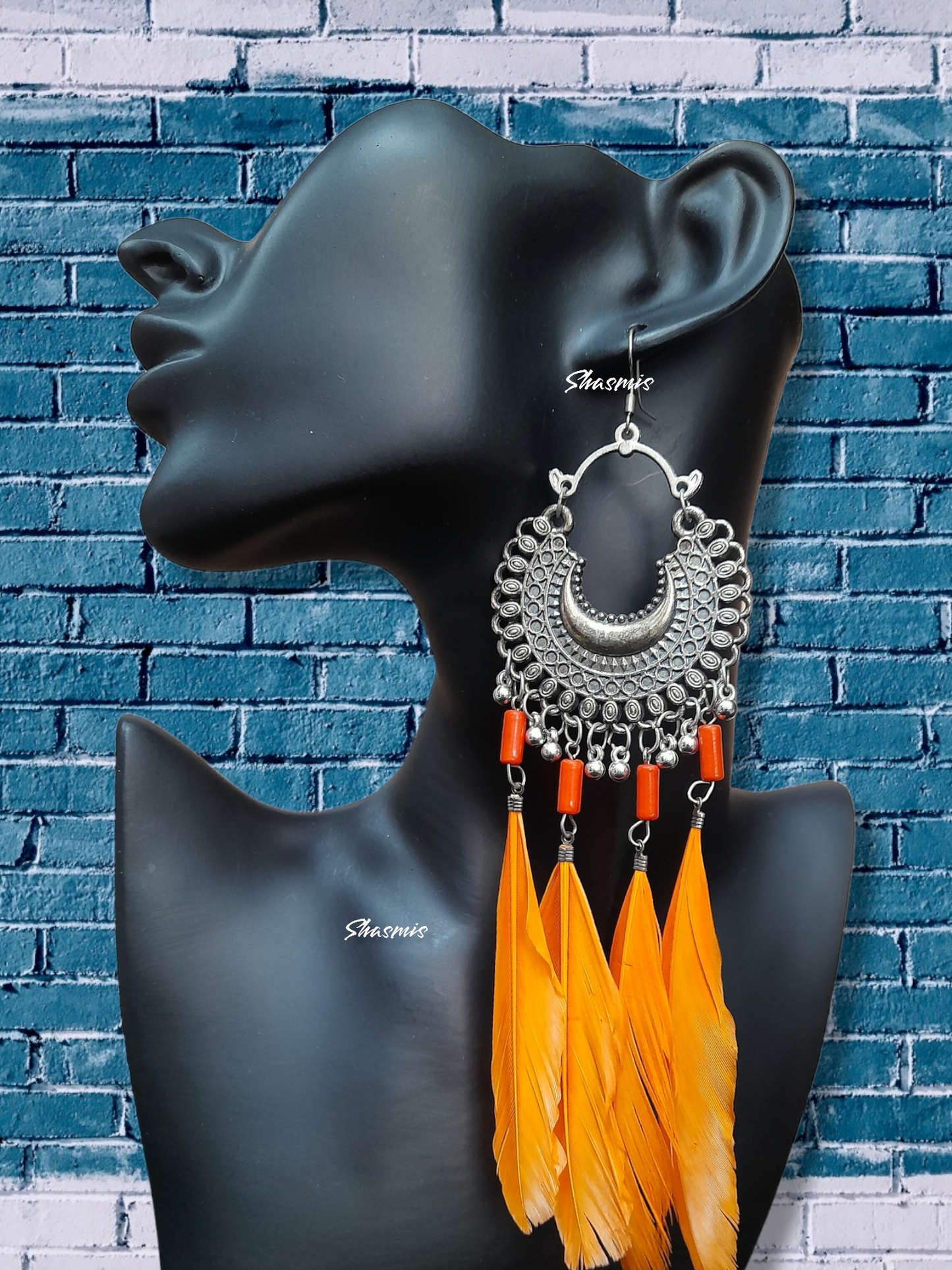 Orange Tassel Long Silver Chandbali Earrings