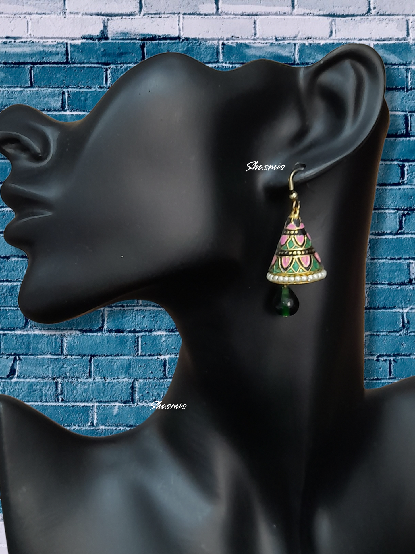Pink Cone Design Green Pearl On Drop Earrings