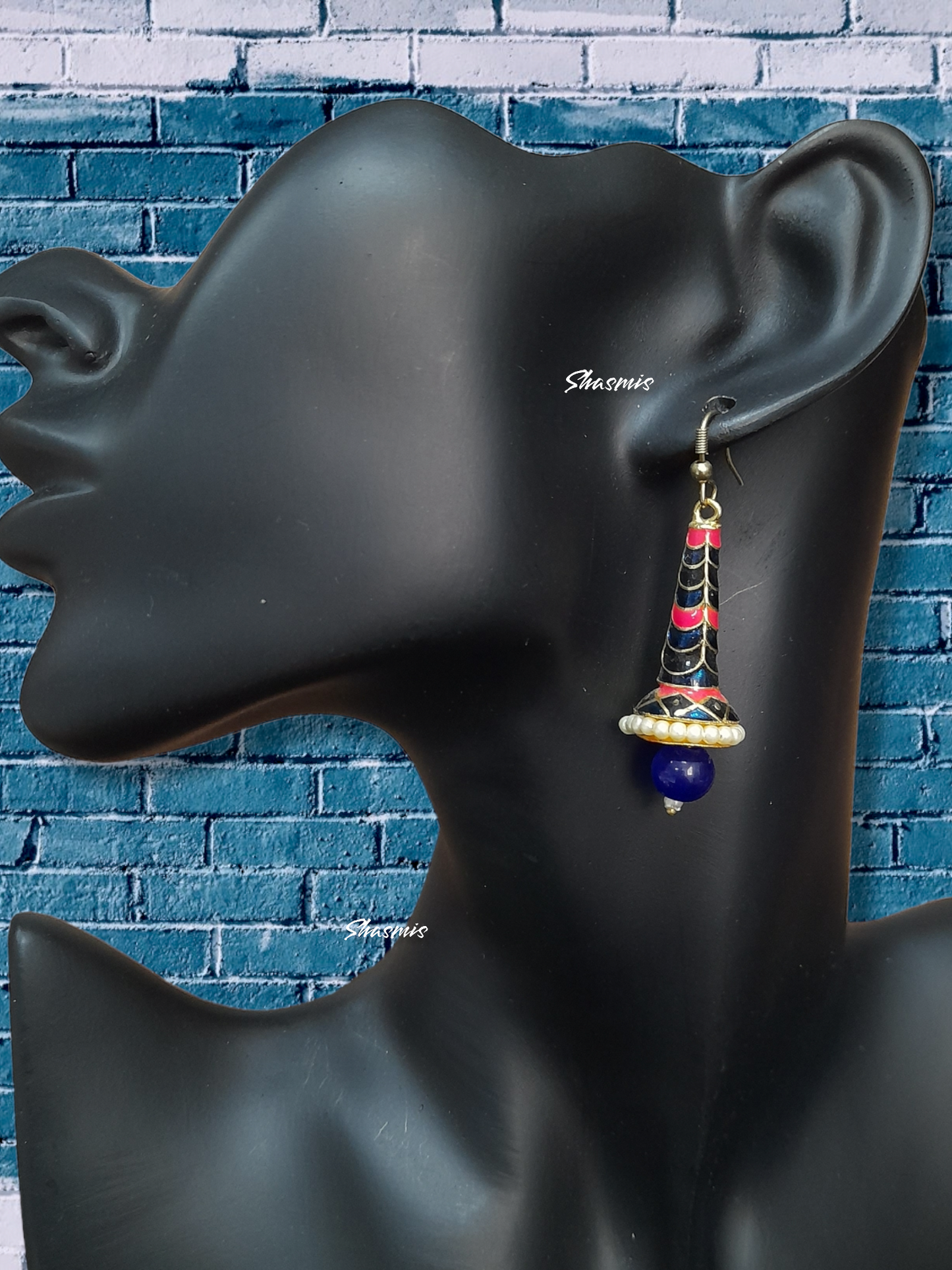 Blue Shade With Blue Pearl On Drop Design Earrings