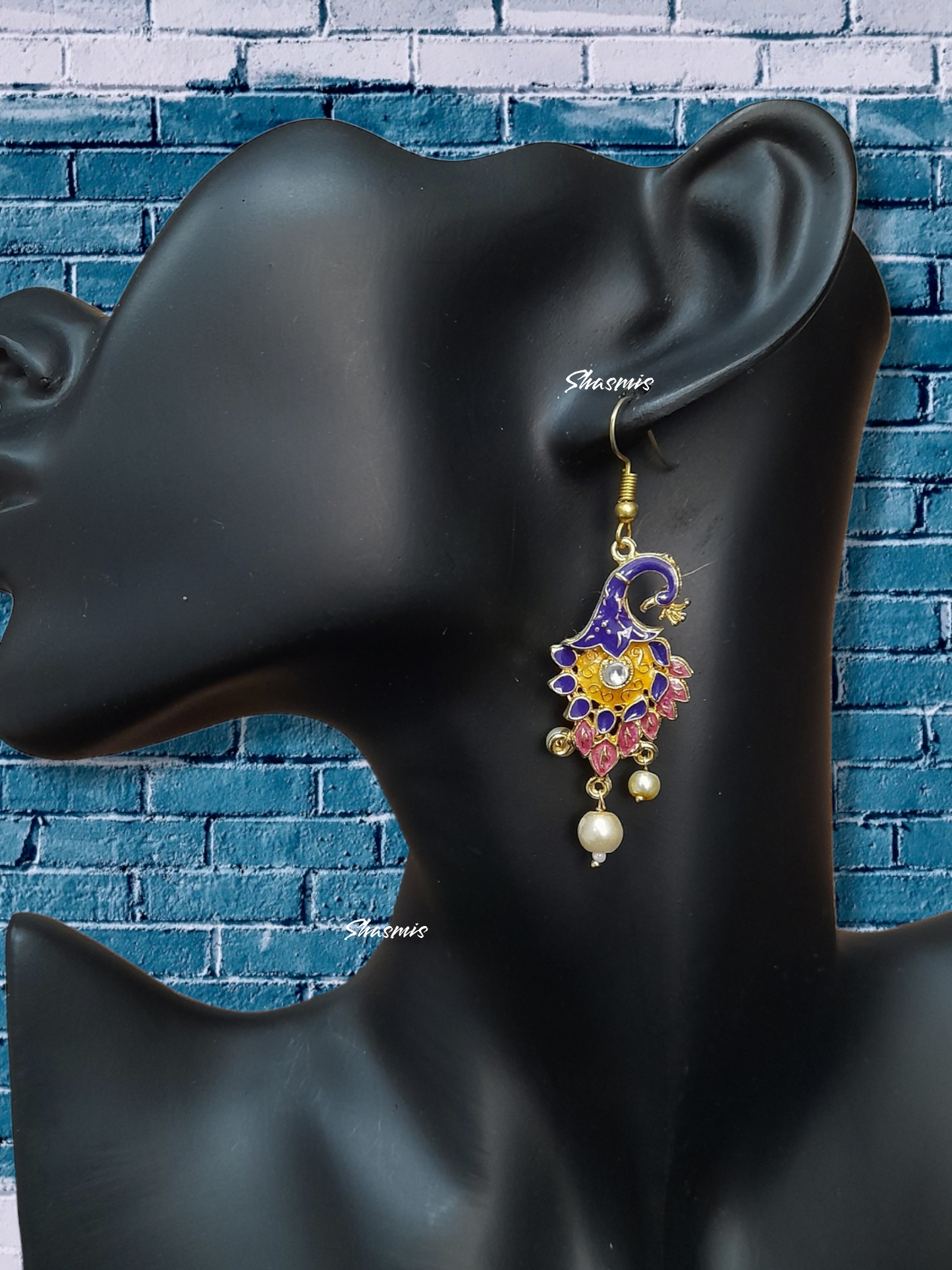 Voilet Color Peacock Desogn Pearl On Drop Earrings