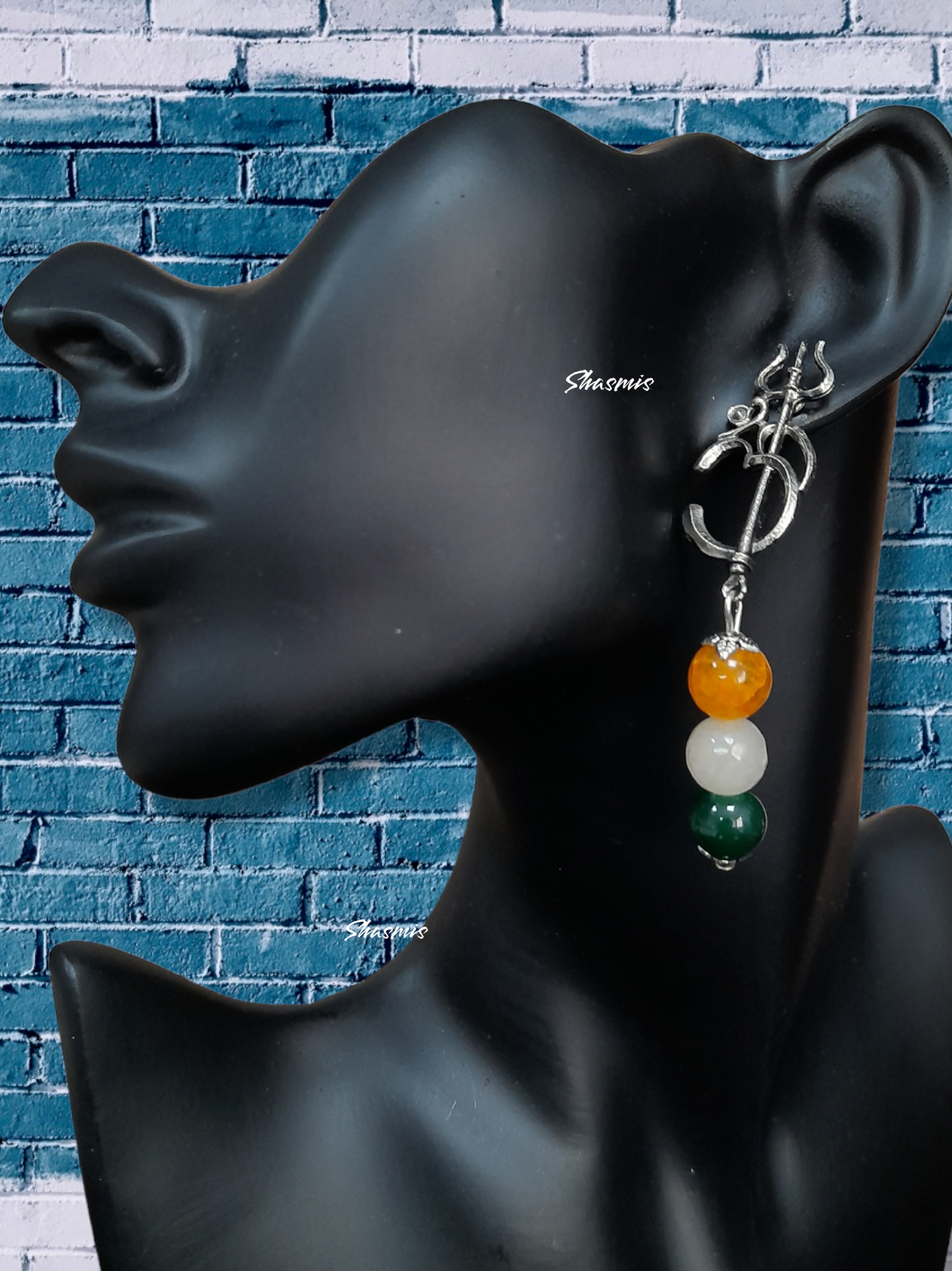 Om and Trishule Design Tri Color Long Earrings