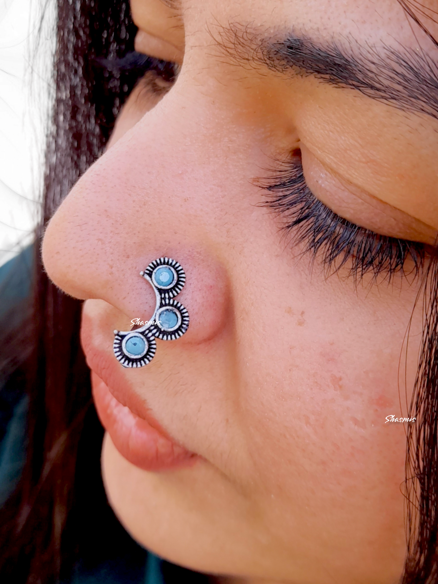 Blue Stones Silver Oxidised Nosepin