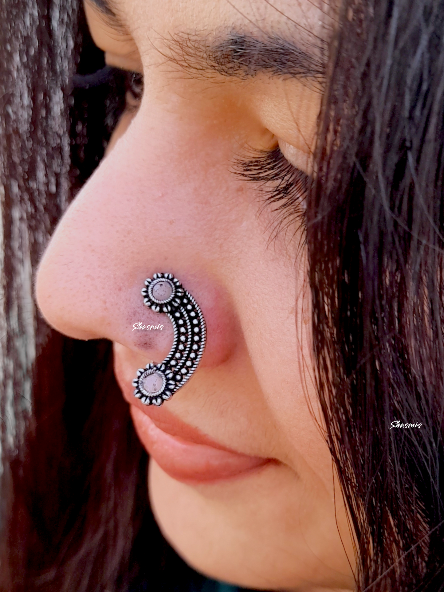 Pink Stone Silver Oxidised Nosepin