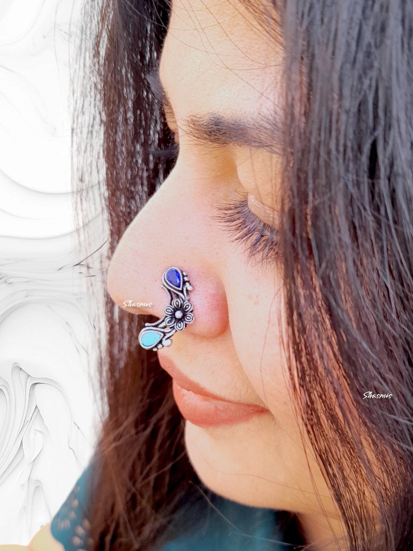 Blue Shade Design Silver Nosepin