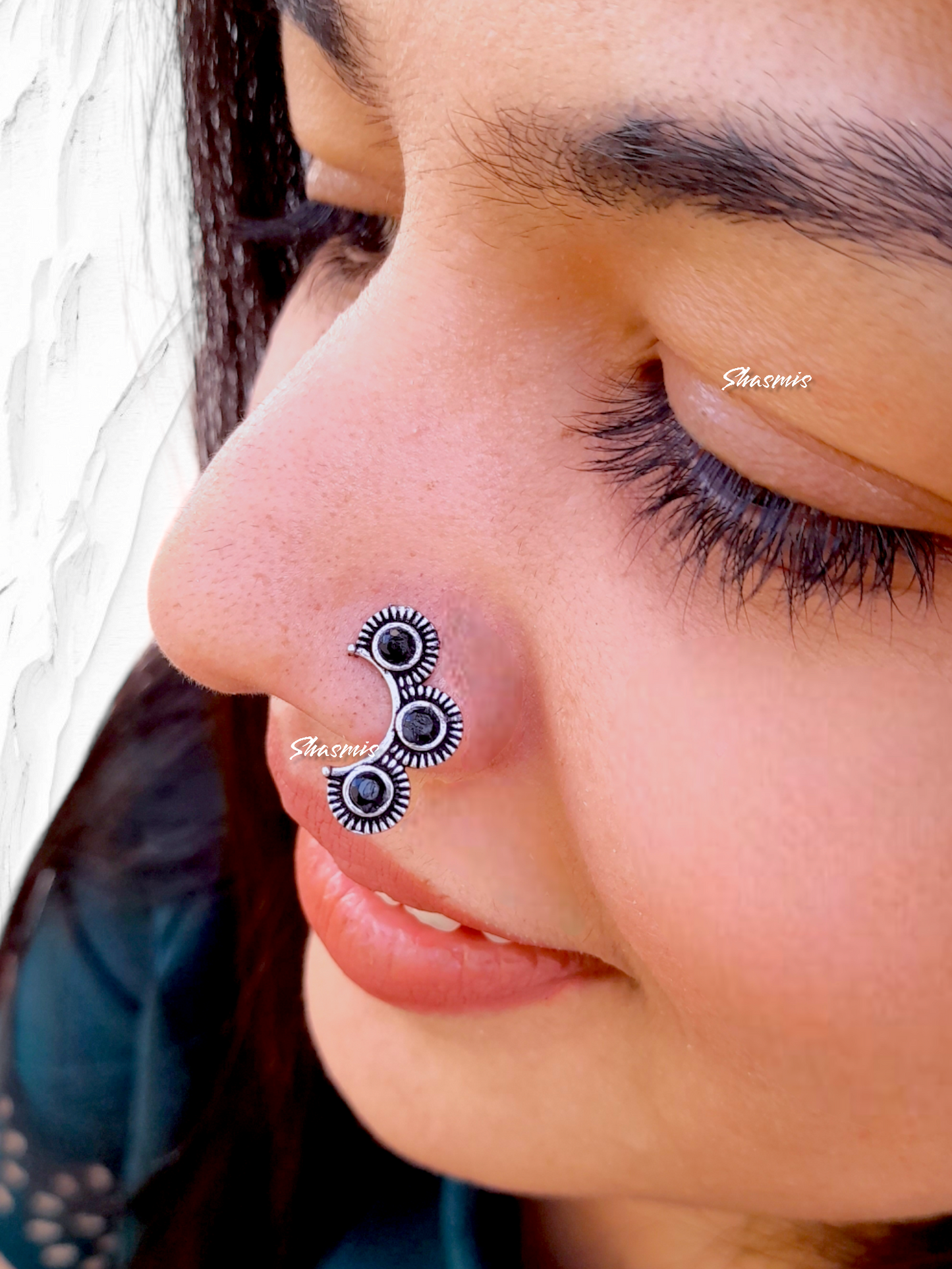 Black Color Stone Silver Oxidised Non Pierced Nose Pin