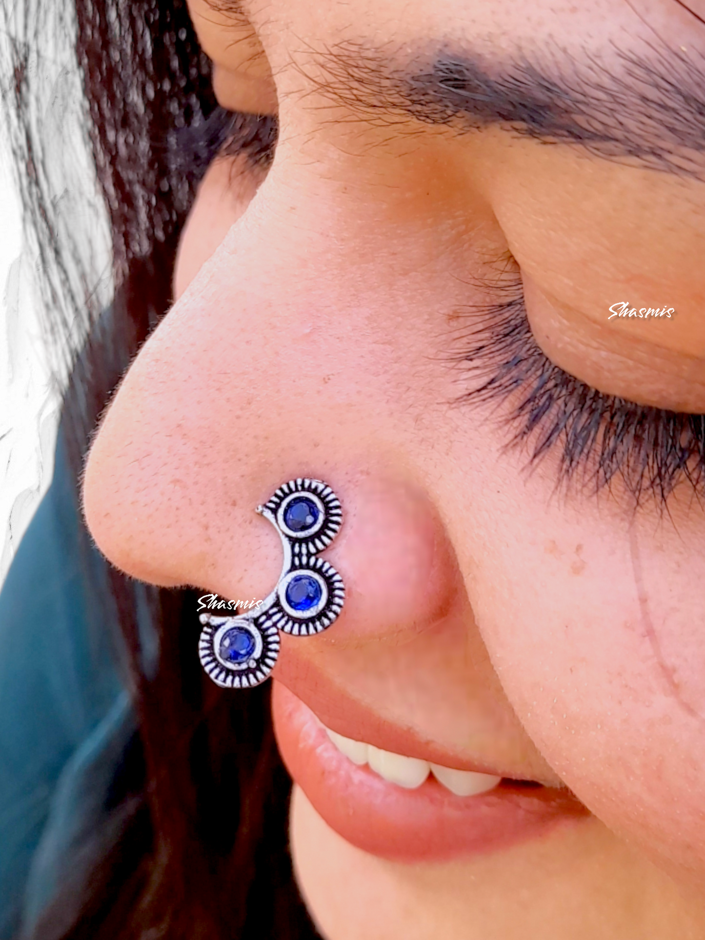 Blue Stone Silver Oxidised Press/ Non Pierced Nose Pin