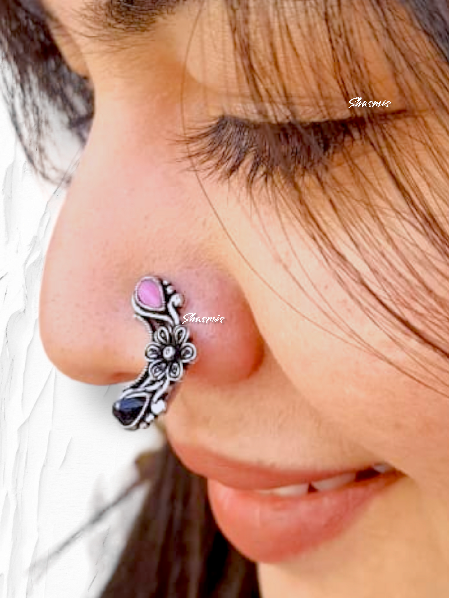 Black And Pink Silver Design Oxidised Nosepin