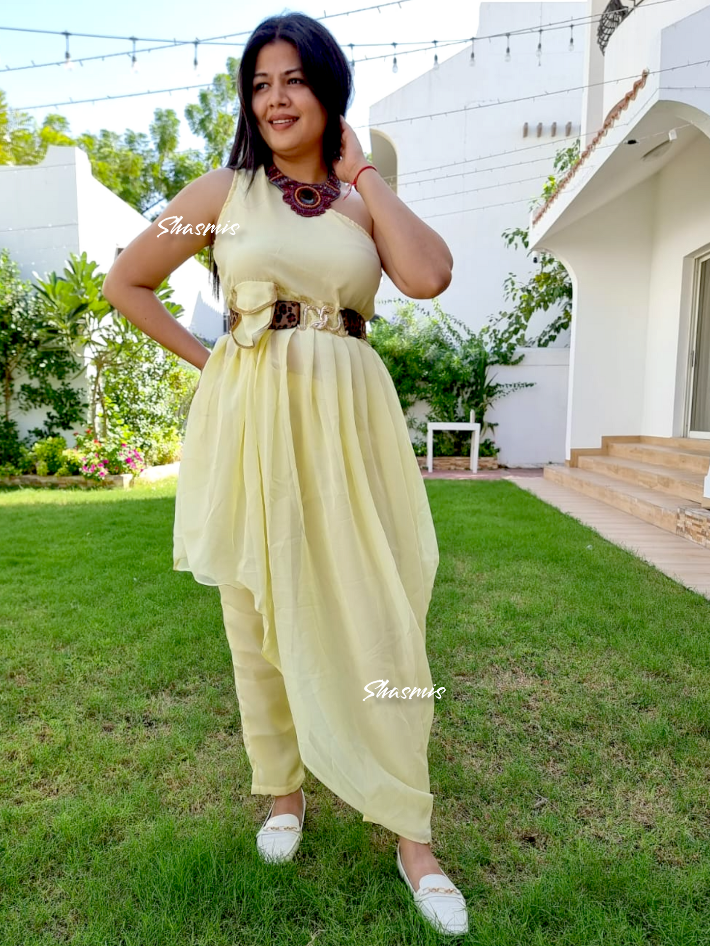 One side Shoulder Yellow Color Georgette Silk Dress With Chetah Print Belt