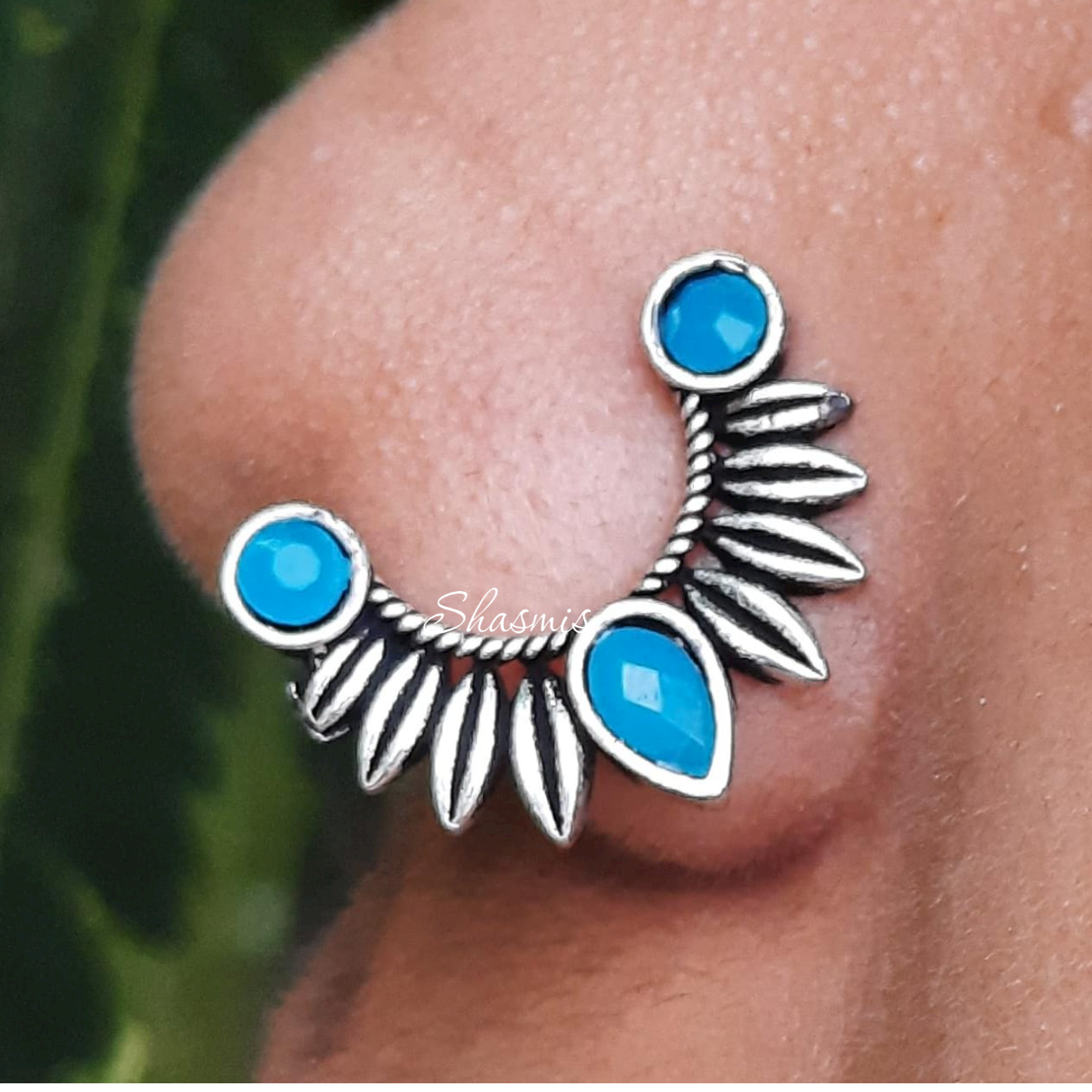 Sky Blue Stone Silver Oxidised Nosepins