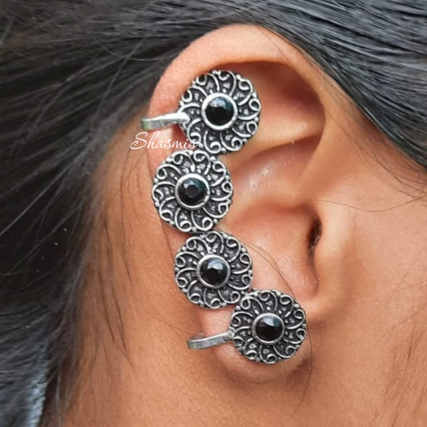 Black Stone German Silver Earcuff