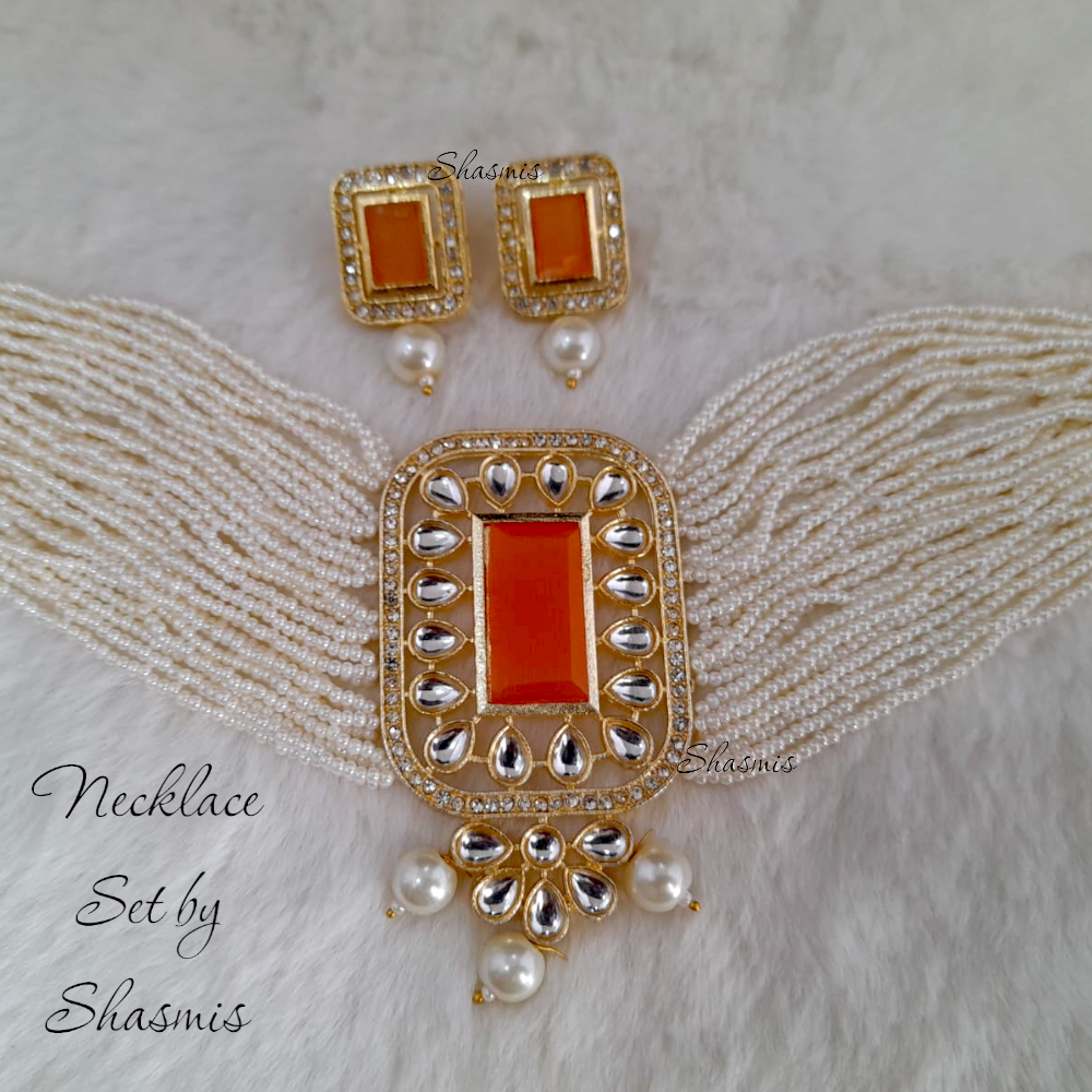 Orange Color Centre Stone Necklace