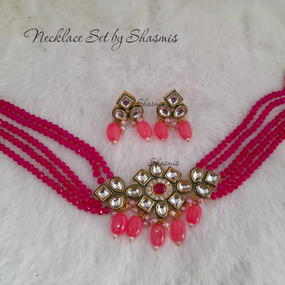 Pink Color Beads Kundan Necklace Set