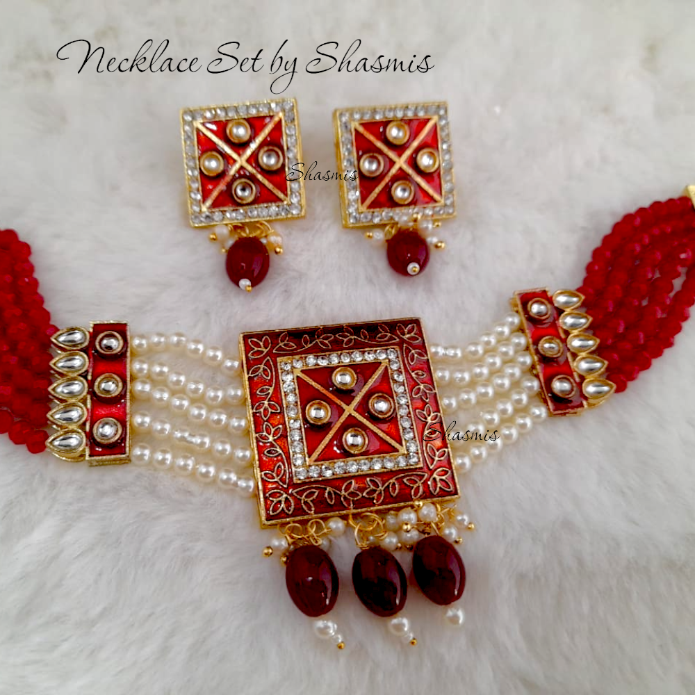 Red Color Necklace With Pearl White Beads