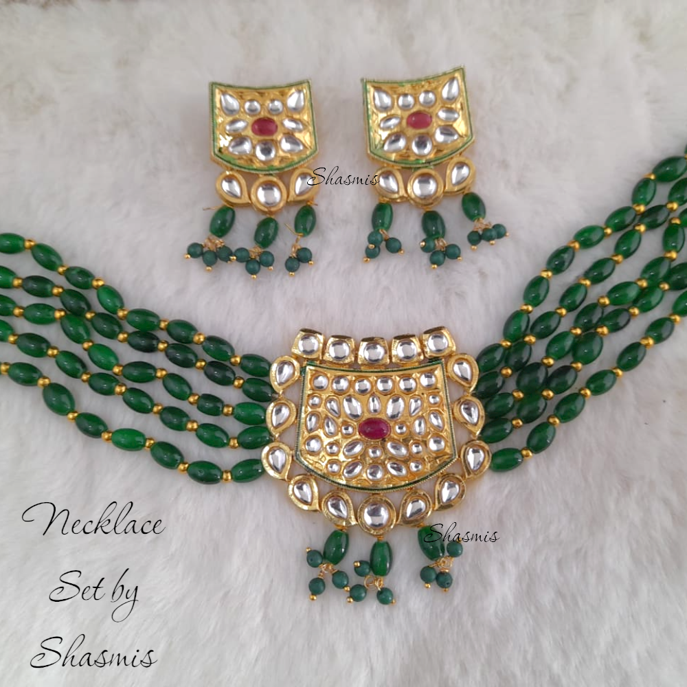 Green Beads Kundan Design Necklace