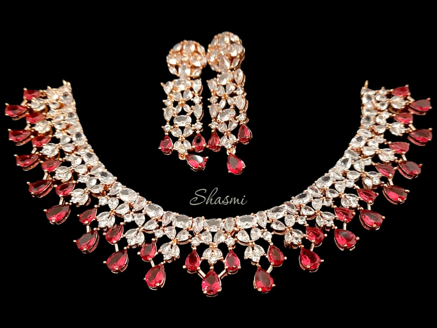 Ruby Stone American Diamond Necklace With Earrings