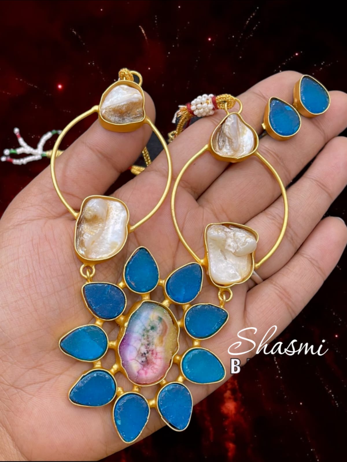 Rama Blue Color Druzy With Mother Pearl Stones Necklace and Earrings