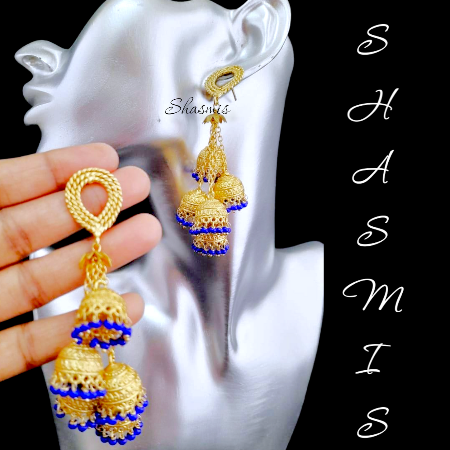 Blue Gold Plated Jhumka Earrings