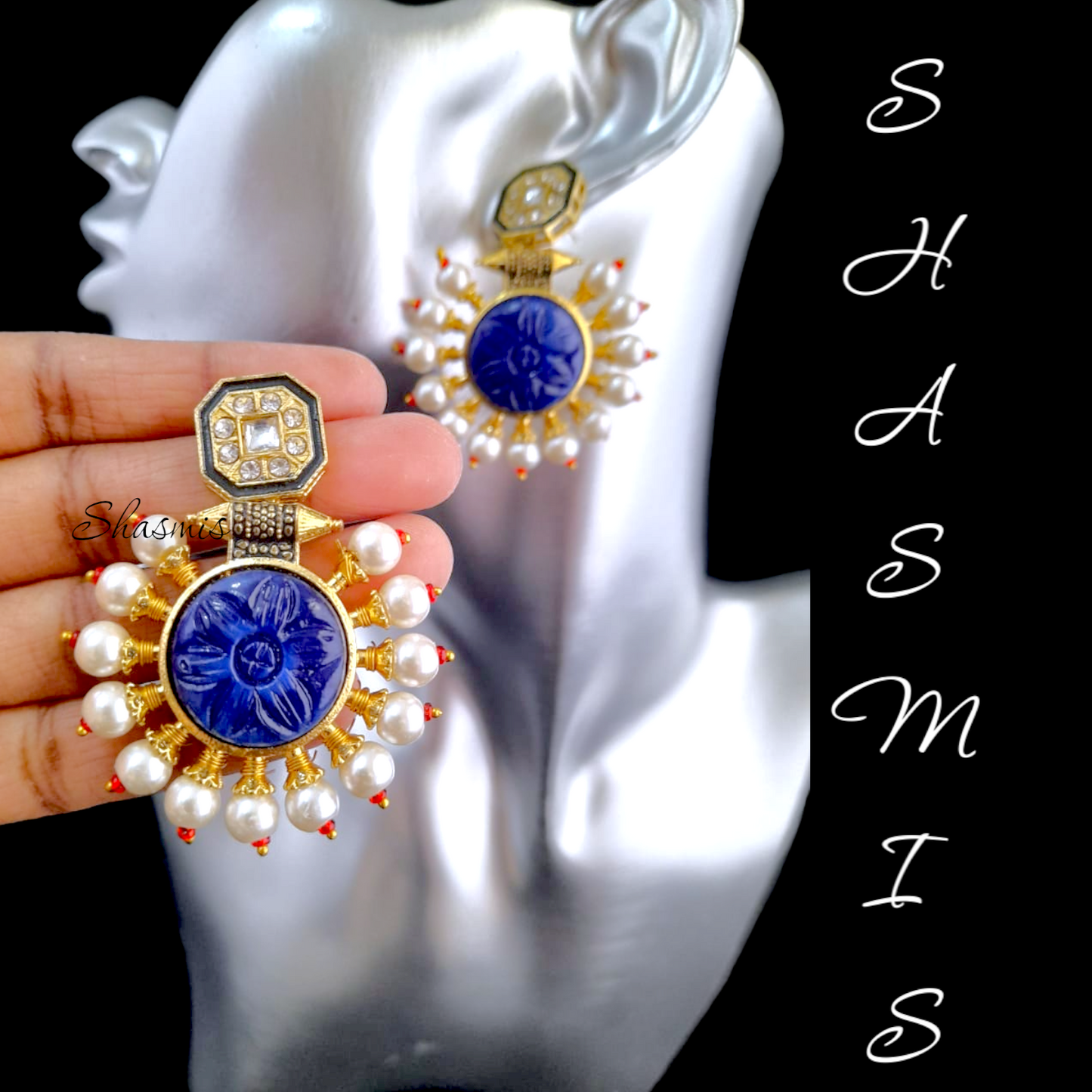 Blue Carved Stone Pearl Earrings