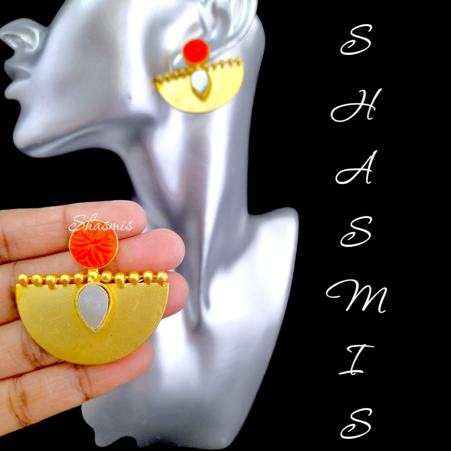 Orange White Stone Gold Plated Stud Earrings