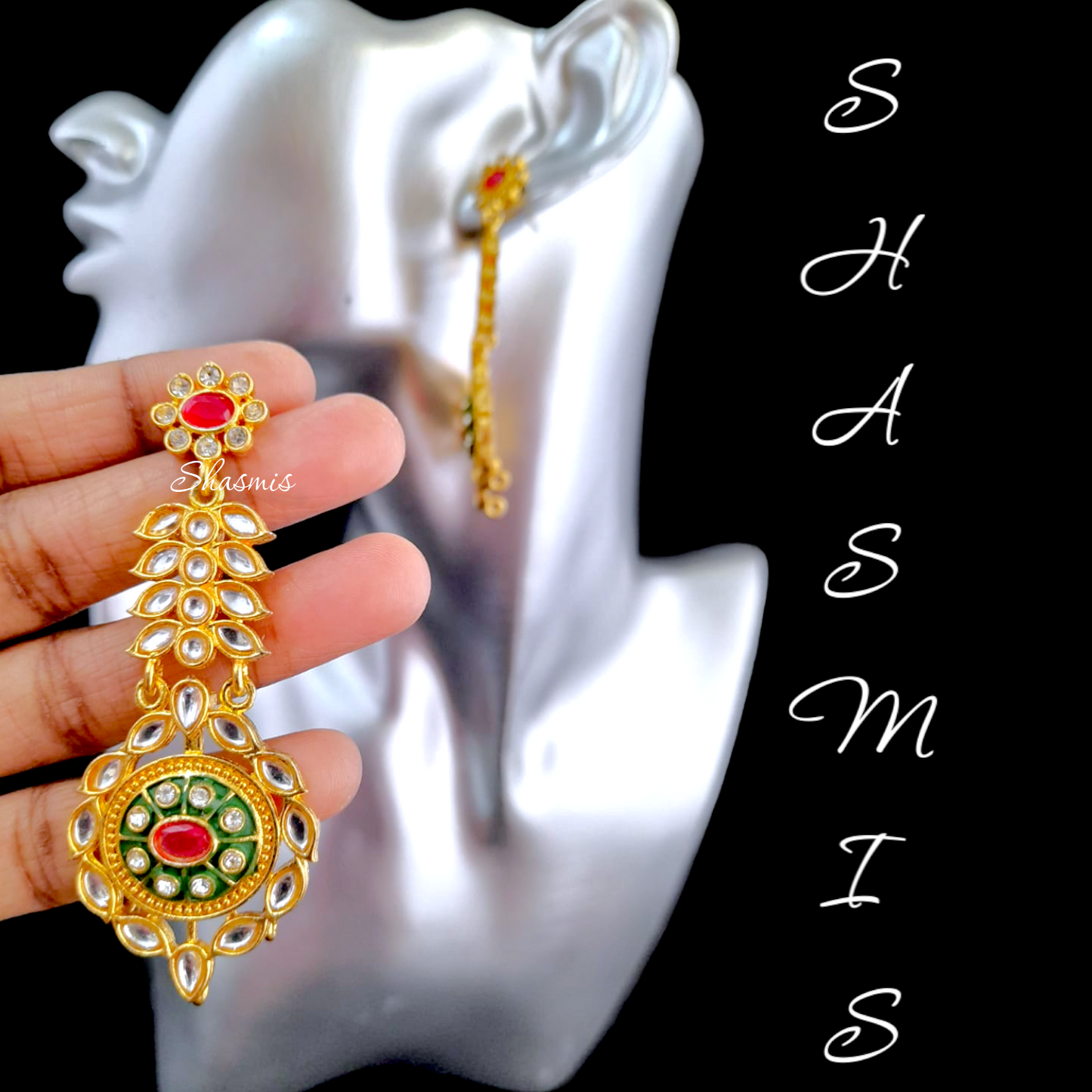 Golden Plated Red And Green Drop Earrings