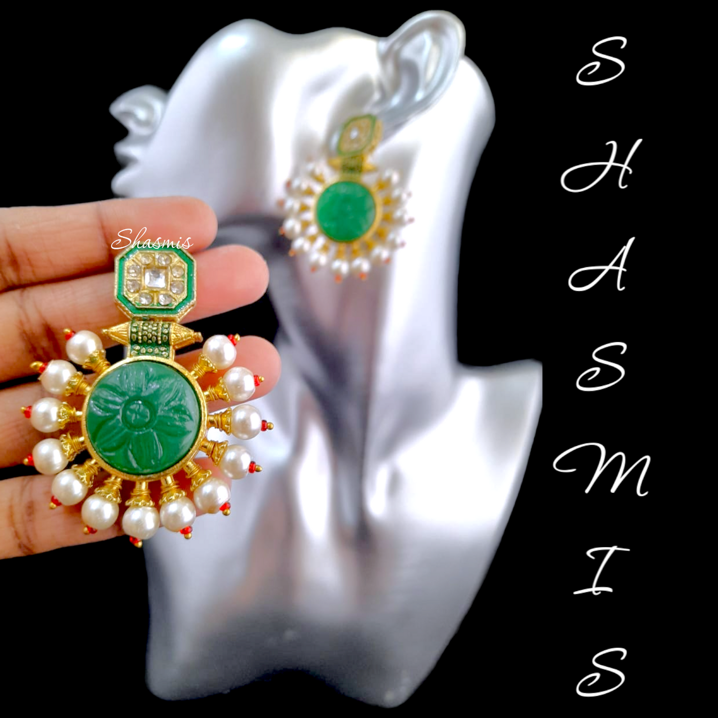 Green Carved Stone Pearl Earrings