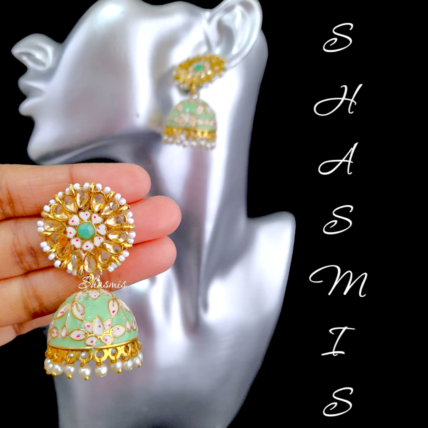 Golden Mint Green Meenakari Earrings
