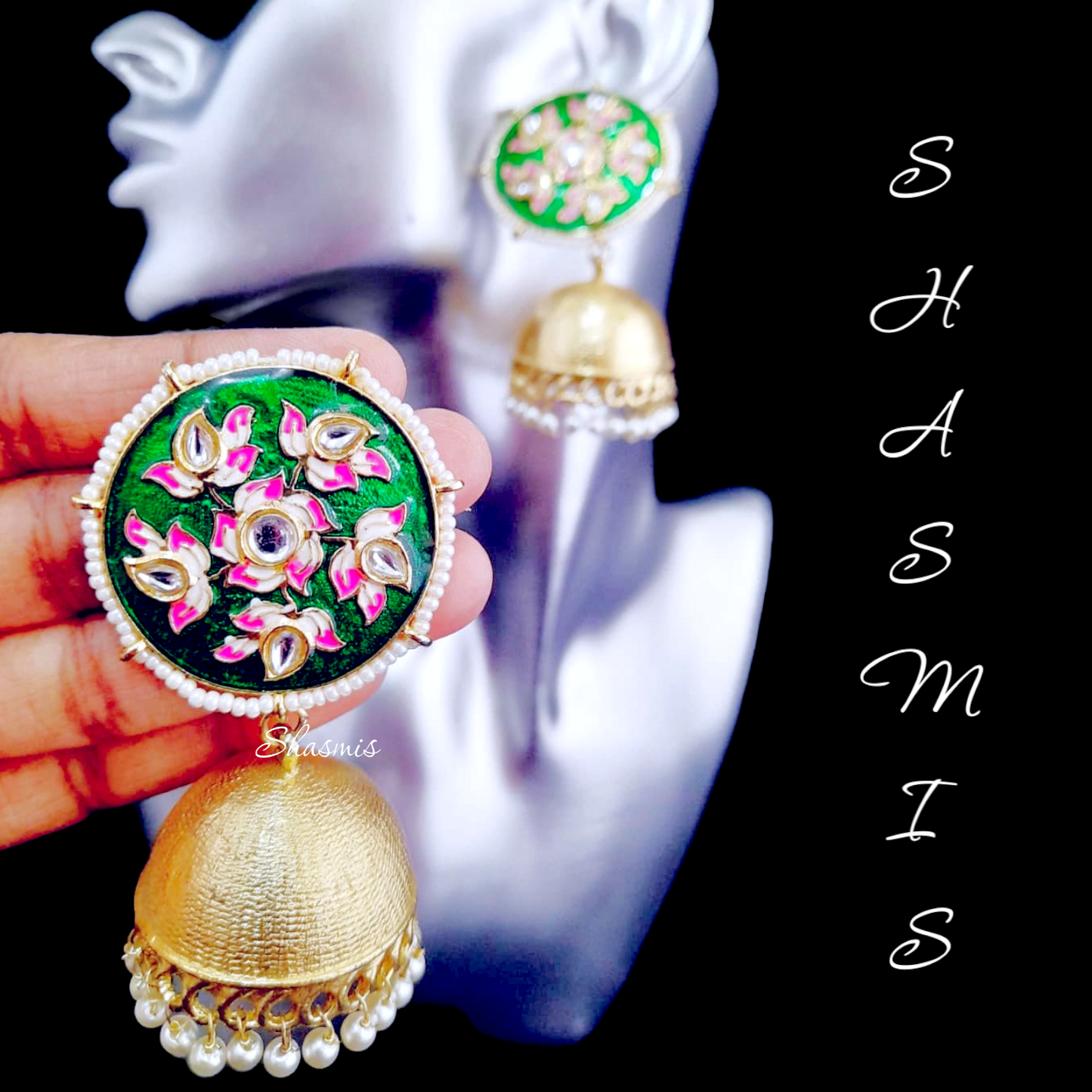 Green Golden Jhumka Earrings