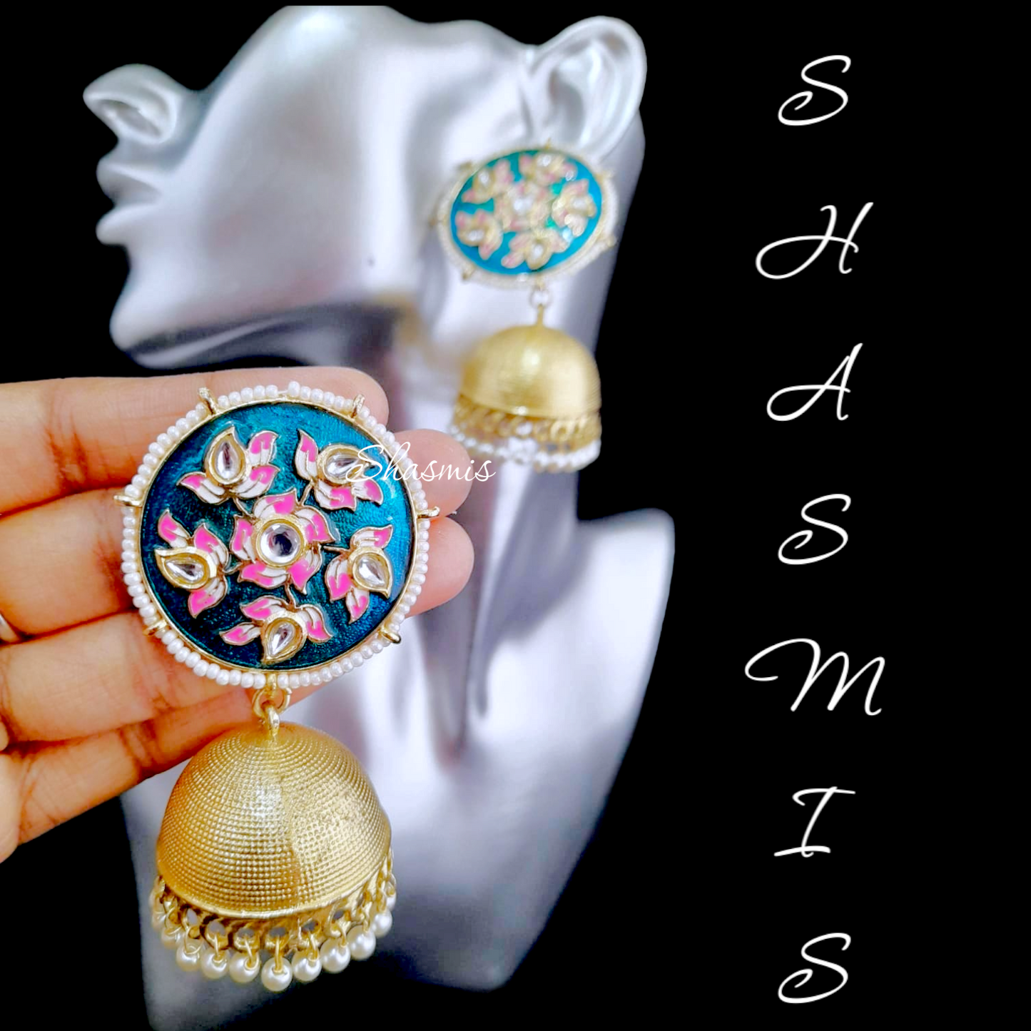 Rama Blue Gold Jhumka With Pink Flower