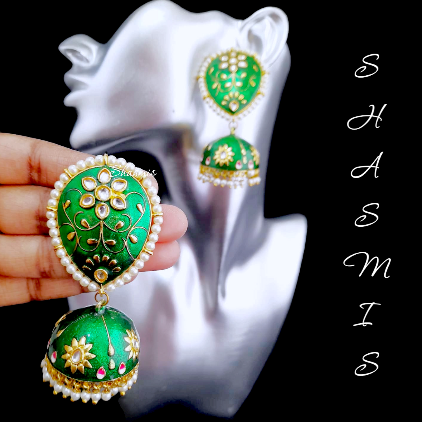 Green Kundan Polki Meenakari Jhumka Earrings