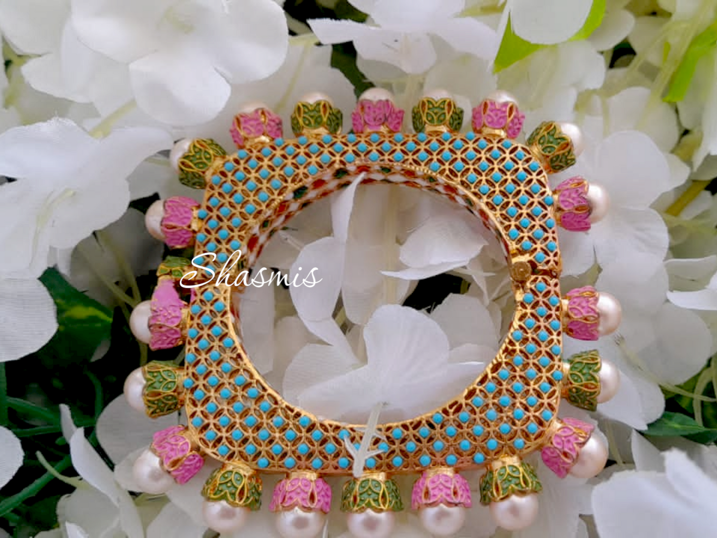 Gorgeous Pink And Green Kundan Bangles, Pair