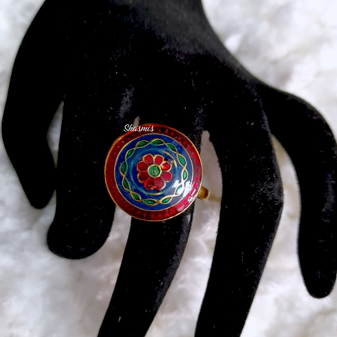 Blue and Red Flower Meenakari Ring