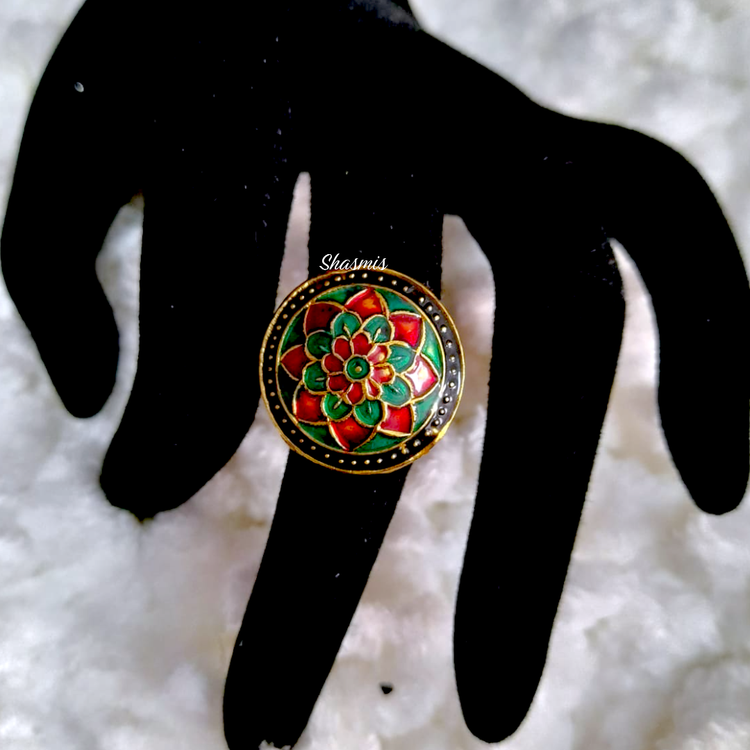 Red and Green Flower Design Meenakari Ring