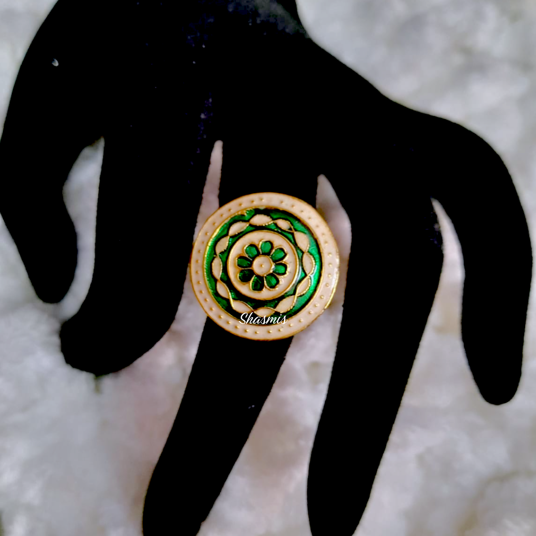 White and Green Design Meenakari Ring