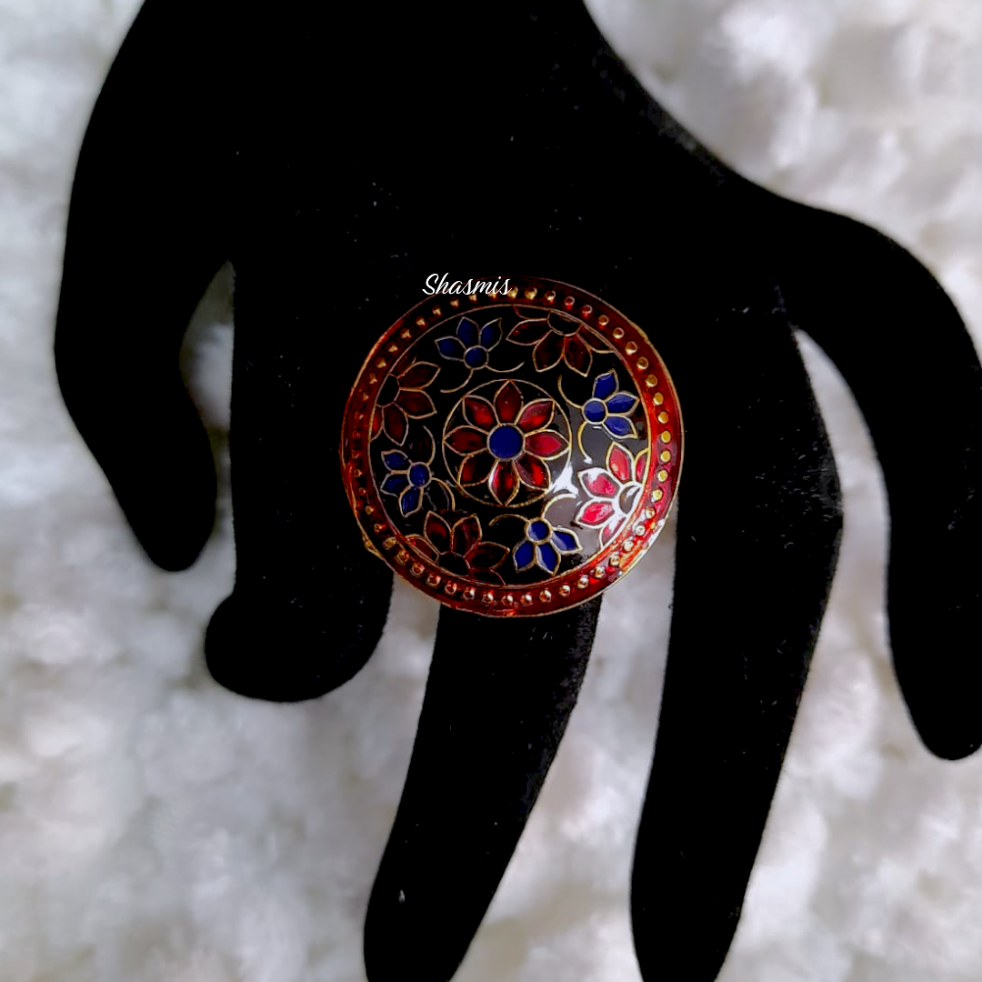 Blue and Red Flower Meenakari Wide Ring