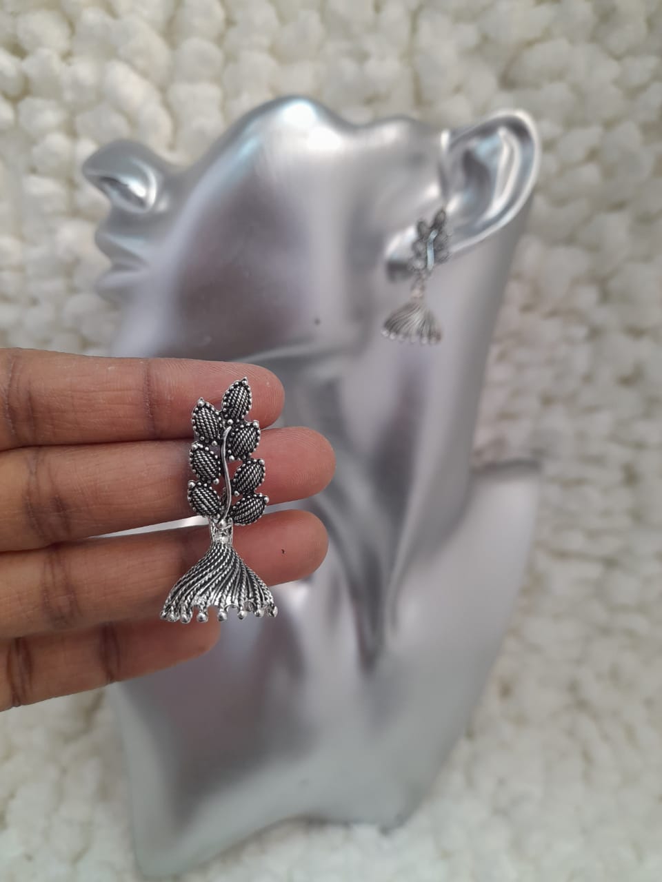Leaf Silver Oxidised Jhumkas Earrings