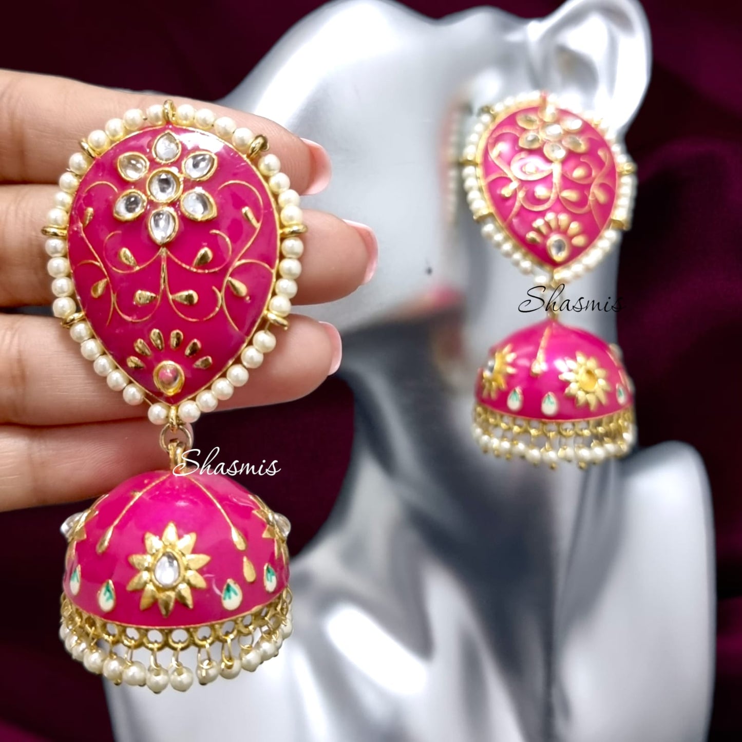 Magenta Kundan Polki Jhumkas Earrings